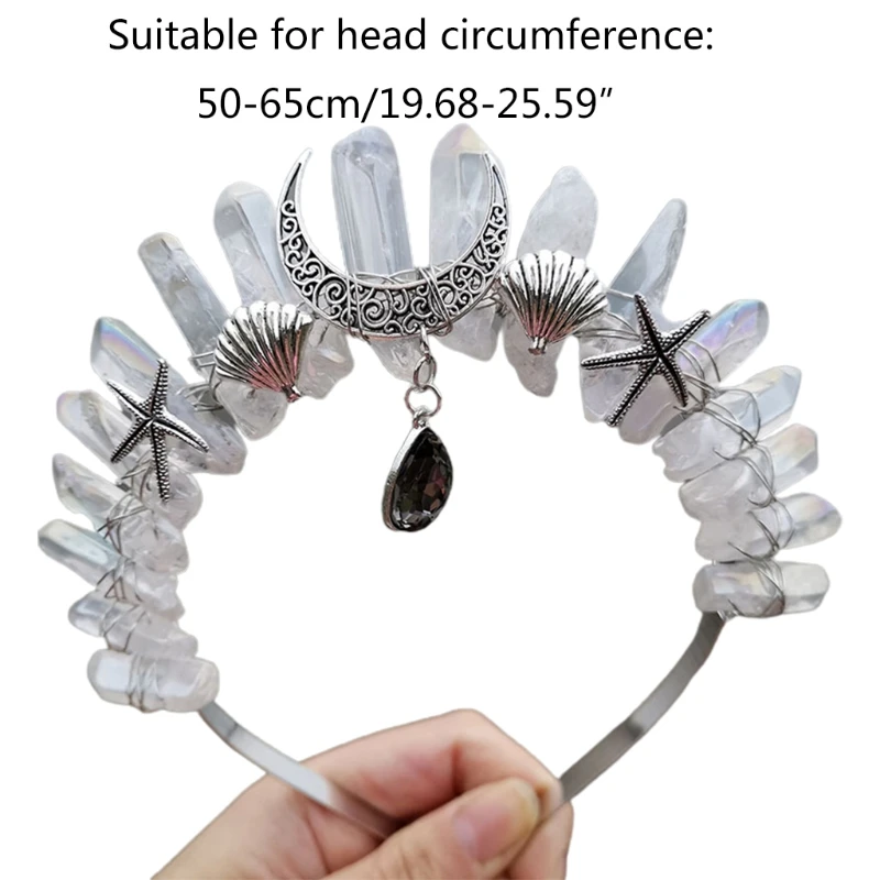

Marine Style Handmade Raw Crystal Quartz Headband Crown Antique Metal Moon Shell Starfish Hair Hoop Forehead Diamond Tiara M7DD