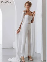 elegant jumpsuit wedding dresses 2021 strapless cape style lace appliques sashes sweep train bride gown for slim women summer