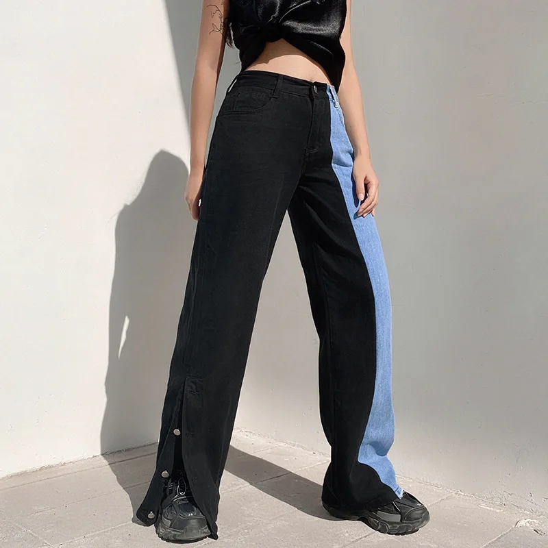 

SEASONS Split Side Patchwork Jeans Women Casual Straight Blue Denim Pants Capris Harajuku High Waisted Long Trousers ASPA81262