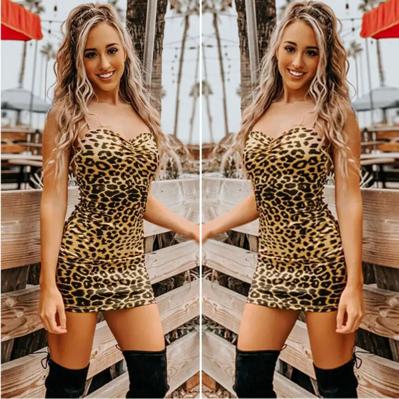 

Womens Leopard Print Strappy Sling Dress Ladies Summer Holiday Mini Sun Dress US