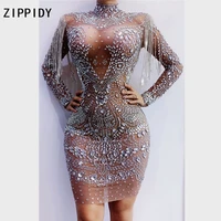 sparkly silver rhinestones fringe transparent dress womens birthday celebrate mesh outfit bar women dancer dress