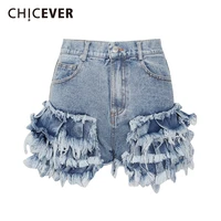 chicever casual blue shorts for women high waist patchwork ruffles pockets asmmetrical slim short pant female 2021 summer new