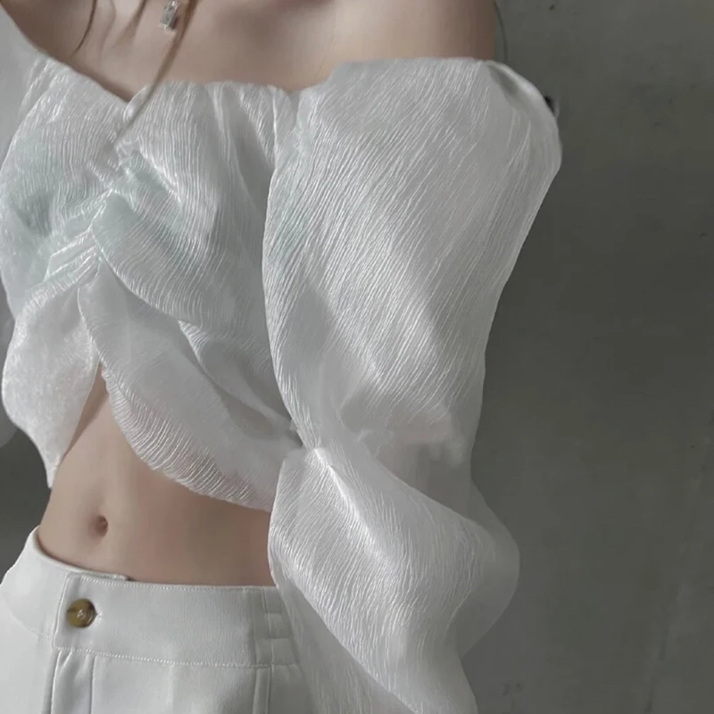 

TWOTWINSTYLE White Mesh Shirt For Women V Neck Puff Long Sleeve Elegant Short Blouse Female Fashion New Clothing 2021 Style