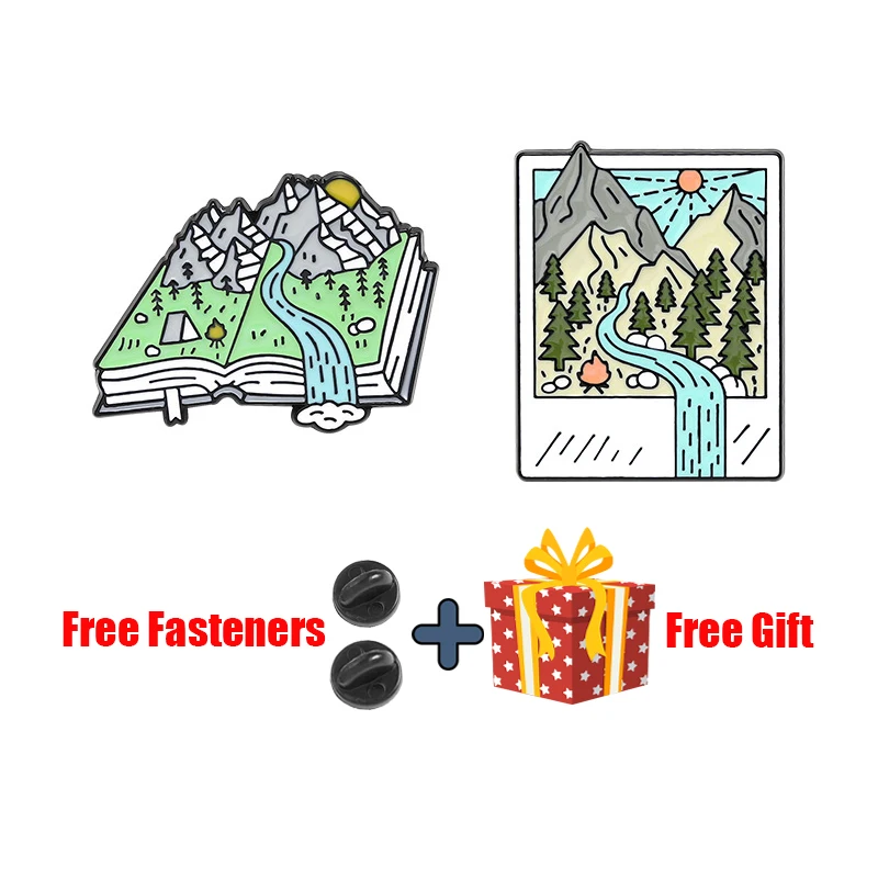 

Outdoor Landscape Picture Enamel Pins Custom Mountain River Forest Books Brooches Lapel Bag Badge Pin Jewelry Gift for Friends