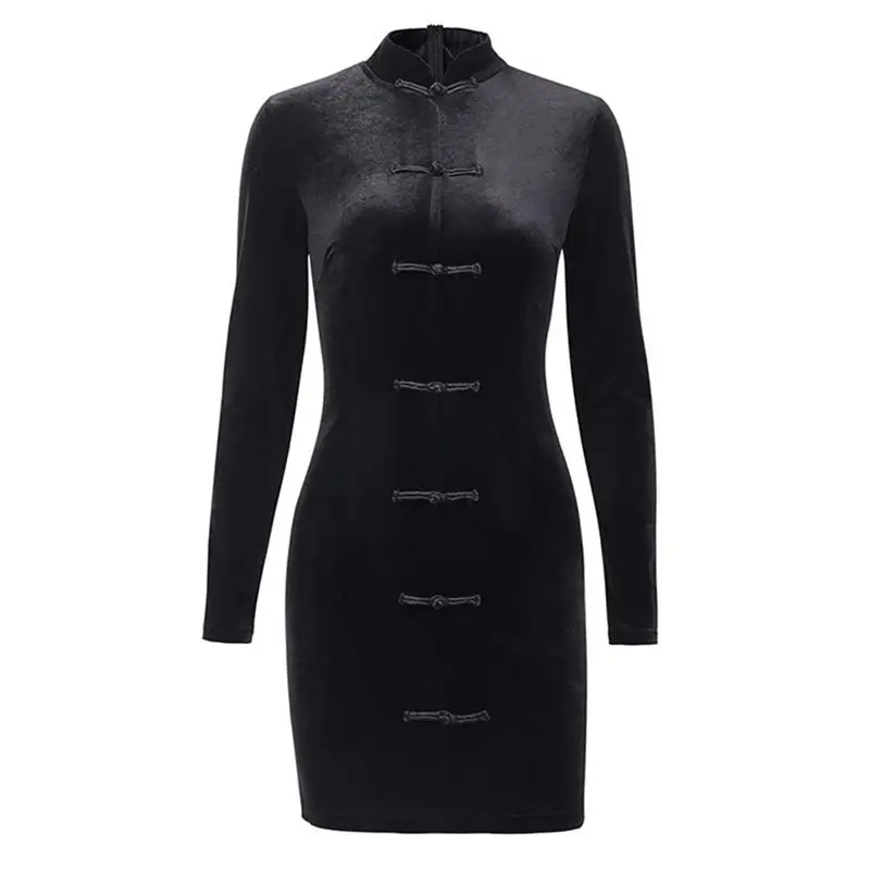 Gothic Black Chinese Cheongsam Dress Women Velvet Long Sleeve Sheath Button Up Slim Sexy Punk Elegant Back Zip Dresses 2019 Fall | Женская