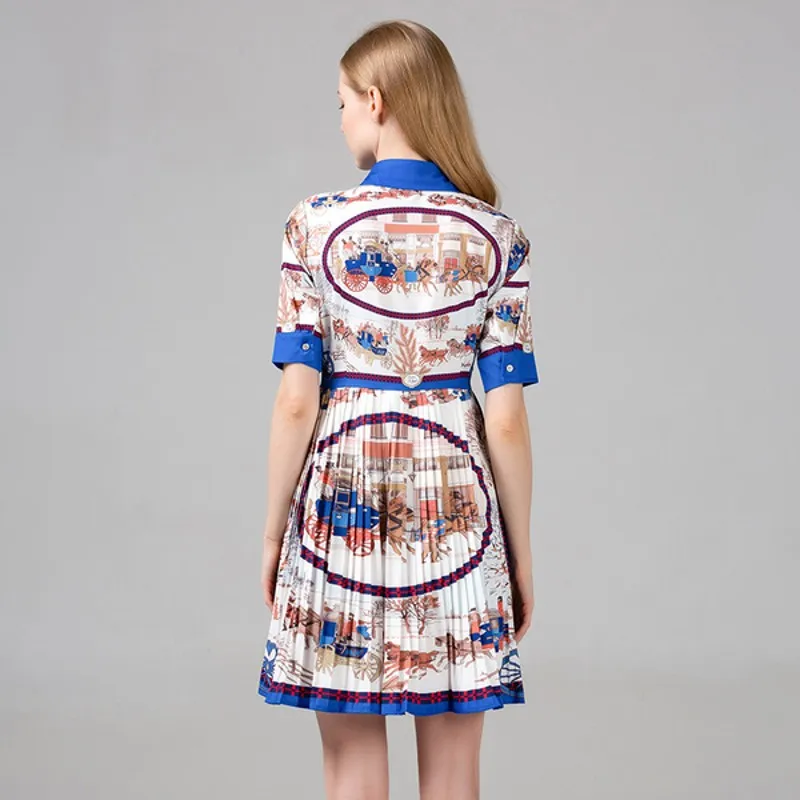 

2021 summer fashion designer fashion show, ladies temperament retro print short sleeve slim slimming pleated elegant holiday min