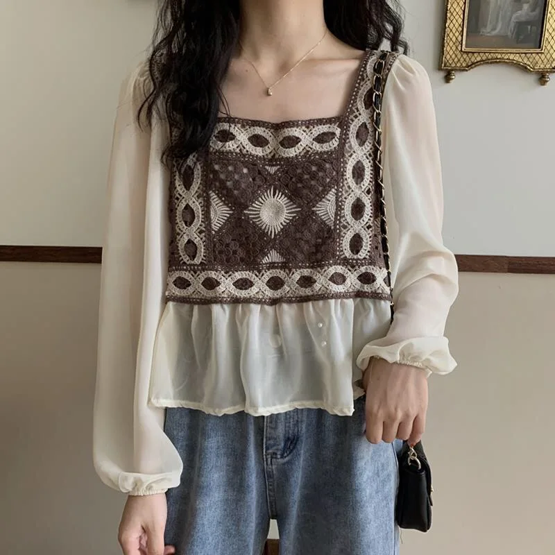 

Plus Size Women Tops and Blouses Spring Autumn New Long Sleeve Embroidery Shirts Half See Through Sexy Ladies Chiffon Shirt 4XL