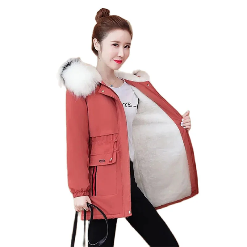 Women Winter Warm Parka Cotton-Padded Jacket Female's Korean the Big Fur Collar Jacket In The Long Thick Plus Velvet Jackets Q7