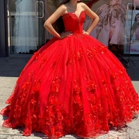 quinceanera dress red ball gown 3d flowers princess corset tulle sparkles sweet 16 dresses vestido de debutante