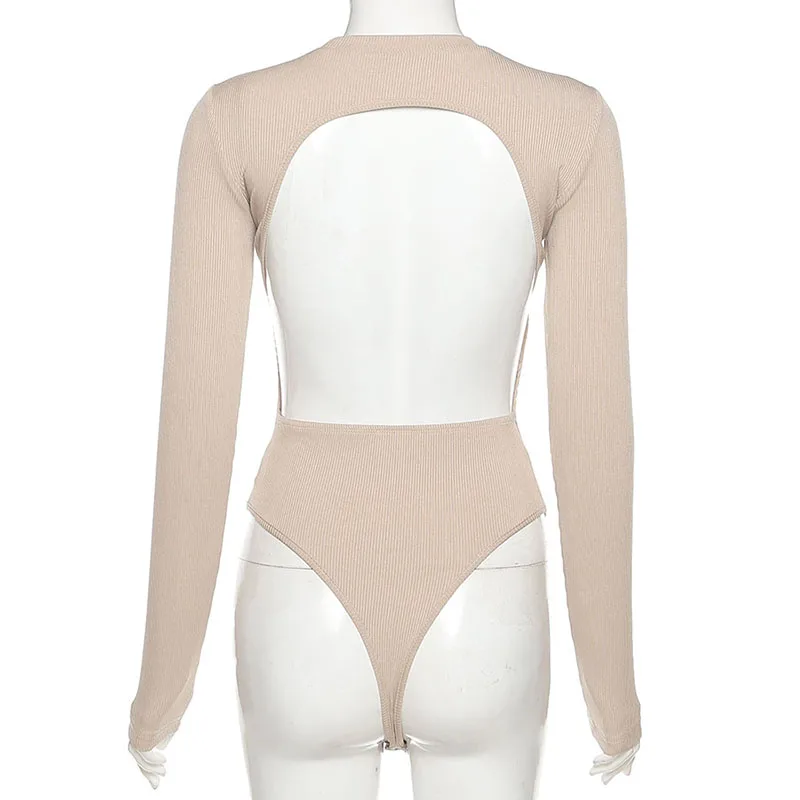 

AIIOU Ladies Fashion Body Suits Summer Solid Knitting O-Neck Bodysuit Women Long Sleeve Backless Clothing Elastic Streetwear