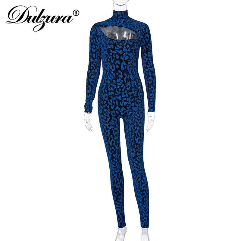 

Dulzura Leopard Jacquard Women Long Sleeve Jumpsuit Hollow Out Bodycon Sexy Streetwear 2021 Spring Summer Romper Party Club