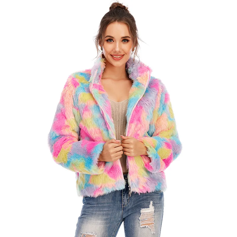 Многоцветное пальто из искусственного меха для женщин зимняя толстая верхняя