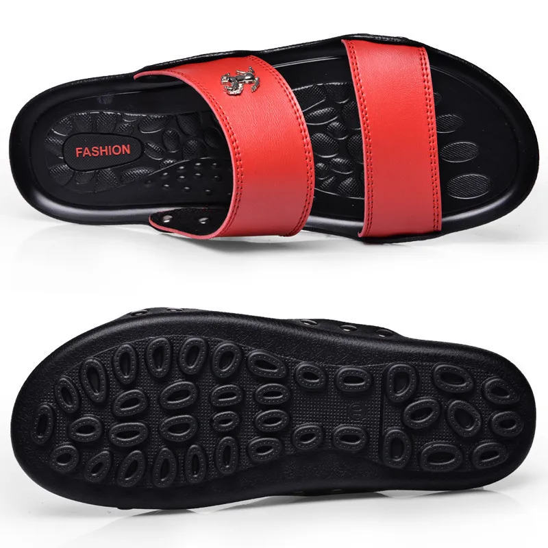 

Whoholl 2018 Summer Shoes High quality Men Sandals Slip-on Leather Beach Mens Slippers Platform Black Male Sandals Rubber Shoes