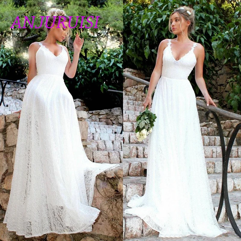 2019 на тонких бретельках Кружева Boho A Line Свадебные платья Аппликация в пол летние