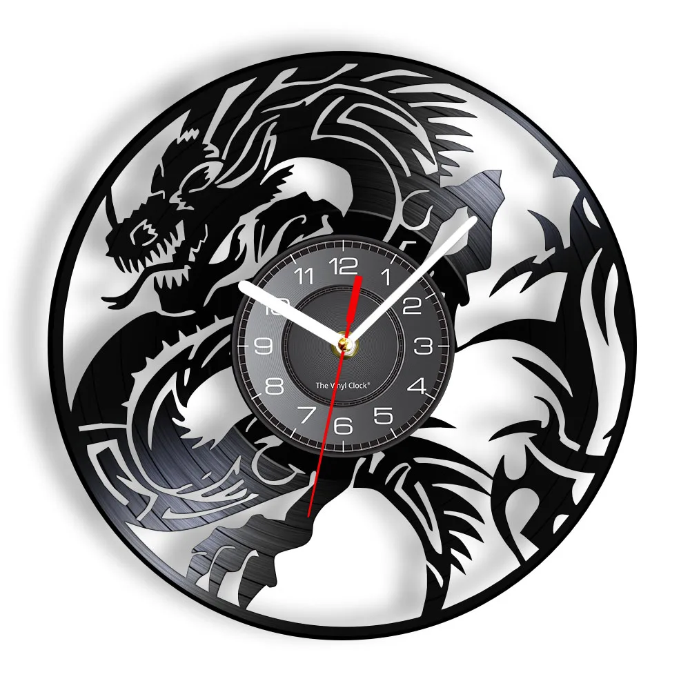 Flying Dragon Wall Clock Made Of Real Record VInyl Spiritual Evil Symbol Medieval Fantasy Artwork Vinyl Disk Crafts Timepieces