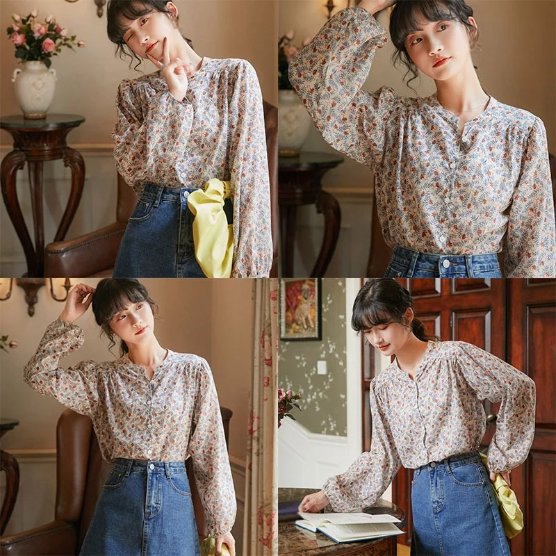 

Women's Blouse Floral Printing O Neck Single Breasted Casual Loose Leisure Long Sleeve Chiffon Blouse Shirts Tops W1