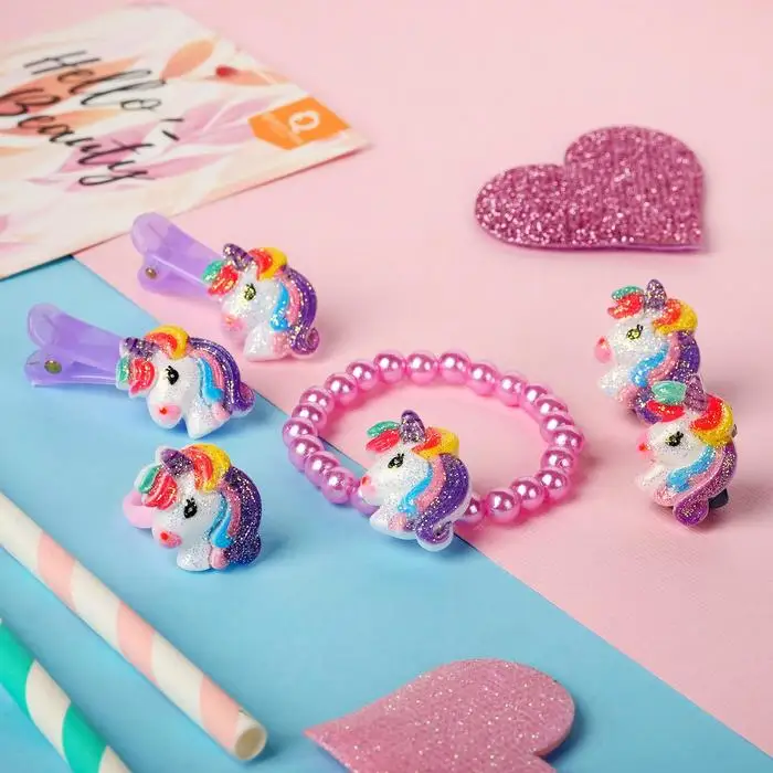 Набор детский 5 предметов: 2 заколки браслет клипсы кольцо Единорог