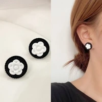 korean simple earrings black and white two color circle camellia new net red temperament earrings s925 pin earrings female