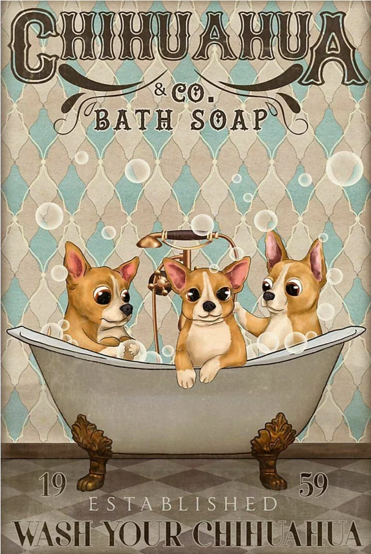 

Three Puppies Bathing Metal Plate Poster Retro Decoration Tin Sign Bathroom Wall Cartoon Poster Wall Sticker Home Decoration