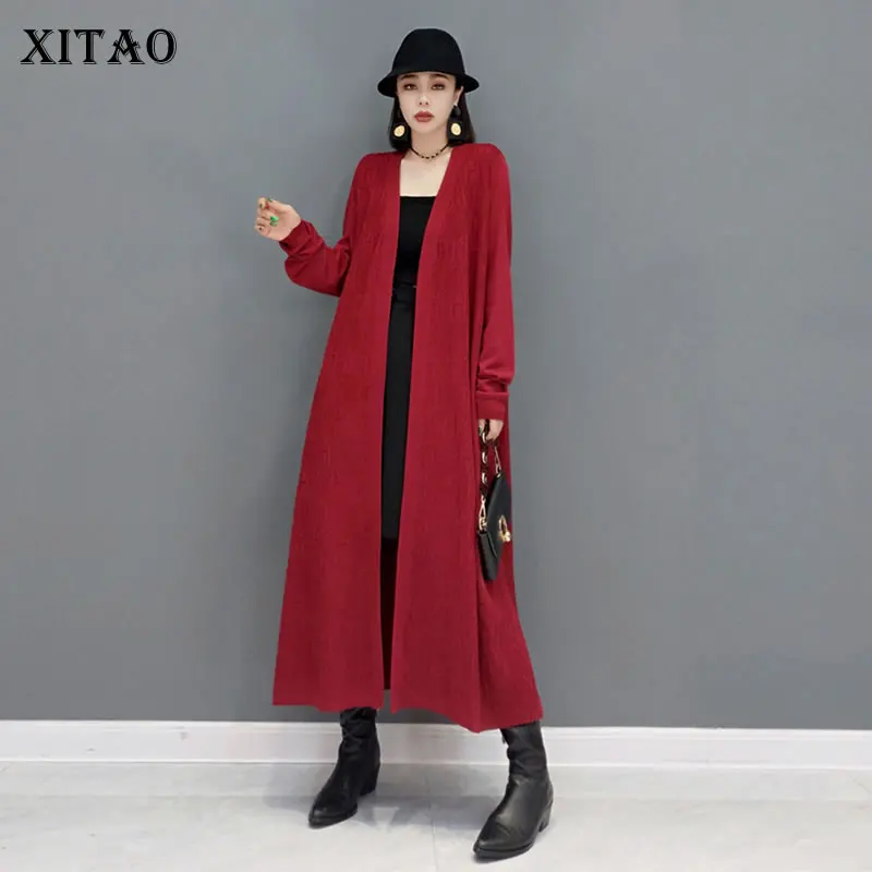 

XITAO, однотонные свитера с открытой строчкой для женщин, осень 2021, Новое поступление, индивидуальное модное Свободное платье с v-образным выре...