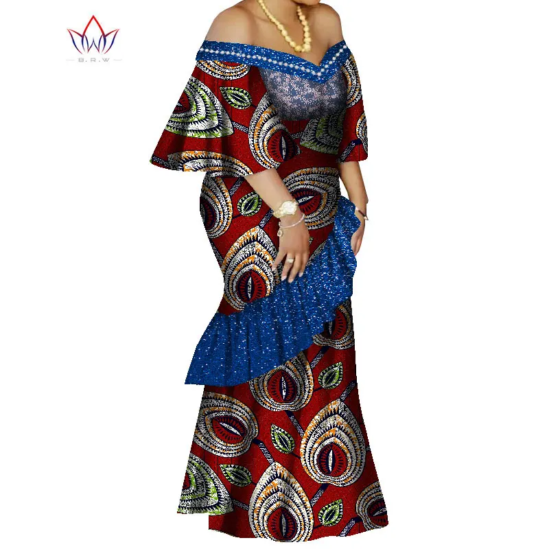 BRW African Maxi Dress Bazin Riche Sequined Pearls Print Wax Long Dresses Off Sshoulder Plus Size 6XL Africa Clothing WY8207
