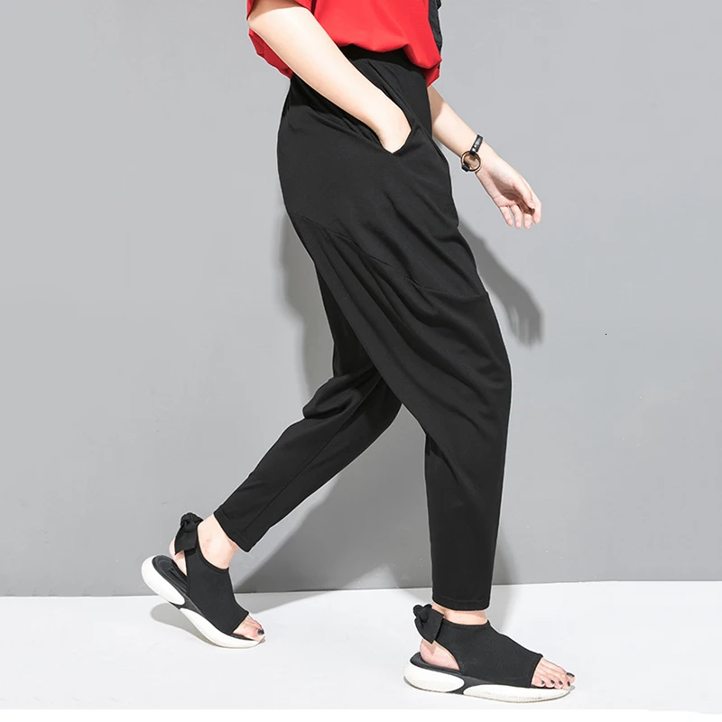 [EAM] New Autumn Winter High Elastic Waist Black Leisure Pocket Stitch Loose Harem Pants Women Trousers Fashion Tide JW997