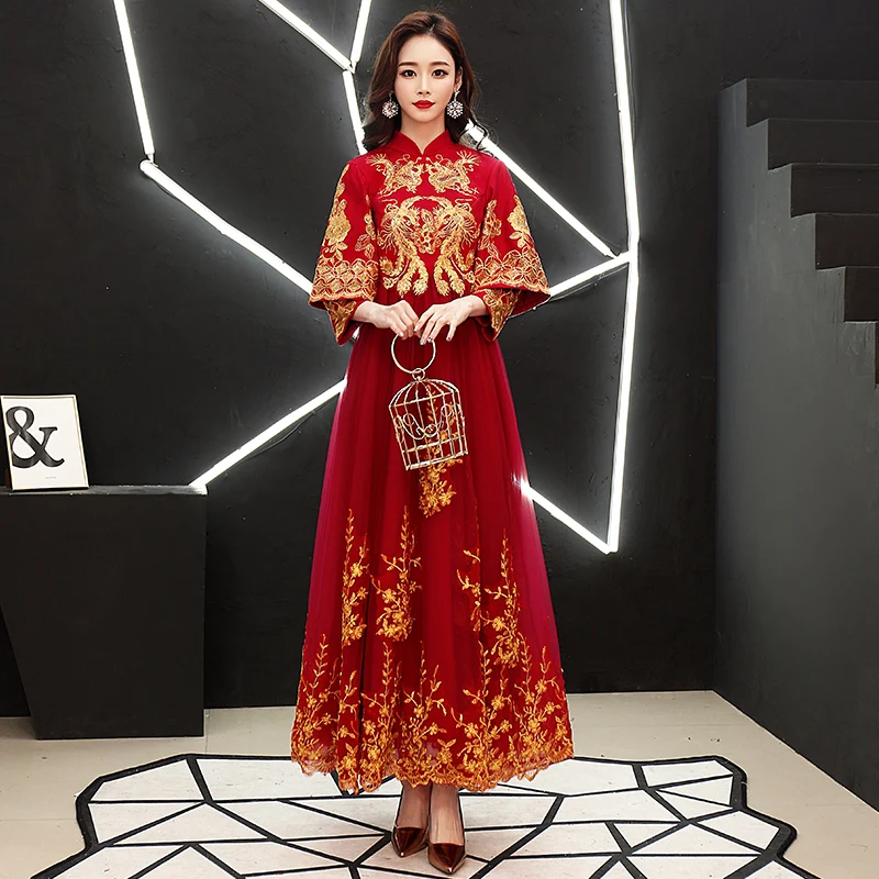 

Бордового цвета с блестками и вышивкой вечернее платье с высоким воротом элегантные длинные рукава ботильоны-Длина ТРАПЕЦИЕВИДНОЕ ПЛАТЬЕ ...