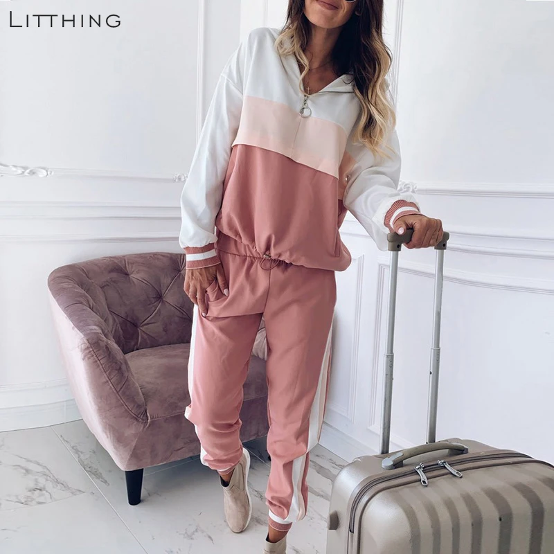 LITTHING лоскутный комплект из двух предметов, наряд для женщин,, осенняя куртка-бомбер с капюшоном, комплект для девушек, комплект для бега, комплект для девушек, свободные толстовки с капюшоном