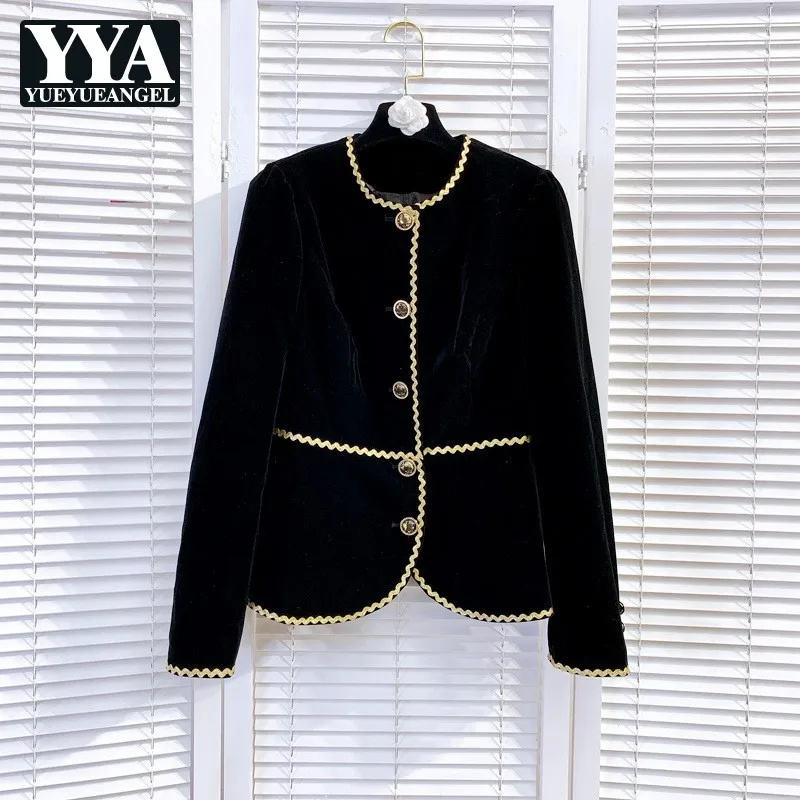 

Autumn New Classic Black Womens Jackets Office Lady O-Neck Single Breasted Slim Elegant Solid Vintage Coat Korean Style