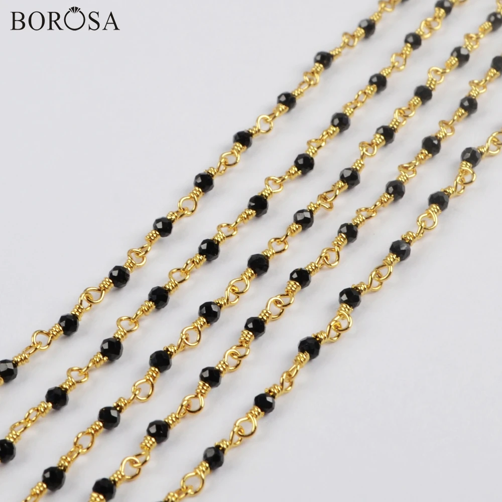 

BOROSA 3Meters 2mm Natural Black Spinel Beads Faceted Brass Chains Natural Stone Black Beads Chains JT251