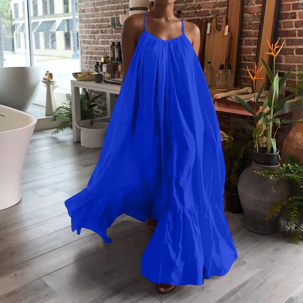 &amp35 Women Boho Dress Fashion Casual Solid Strap Pocket Loose Backless Big Swing Plus Size Summer 2020 | Женская одежда