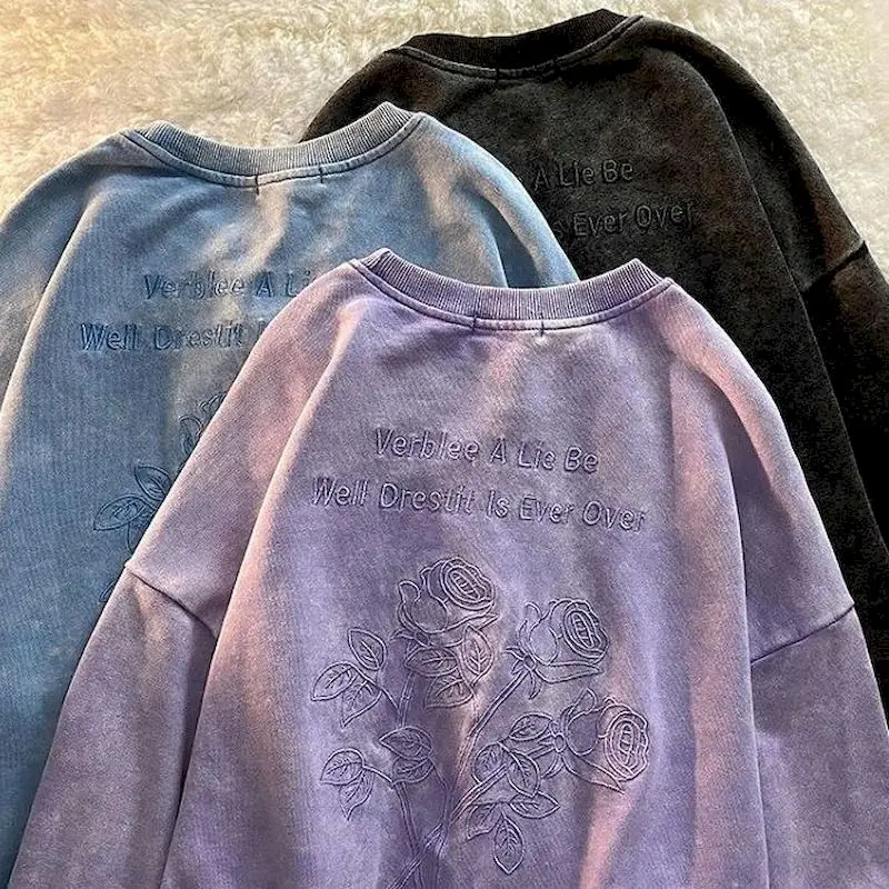 

Cotton Hoodie Pullover Women Oversized Long Sleeves Sweatshirt Rose Embroidered Aesthetic Clothes Autumn Winter Loose Outerwear