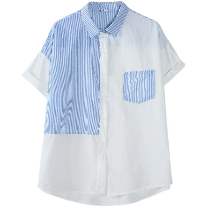 

Small fresh striped stitching pocket short-sleeved loose large size casual shirt women