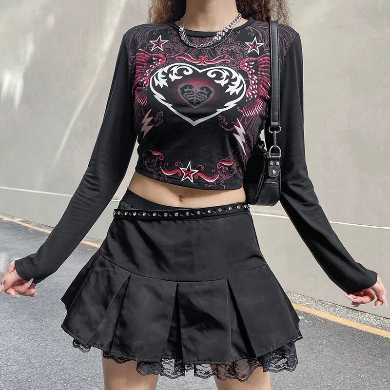 

Ladies Casual O-Neck T-shirt, Women Spring Fall Creative Heart Wing Print Long Sleeve Midriff-baring Tops Slim Base Shirt, S/M/L