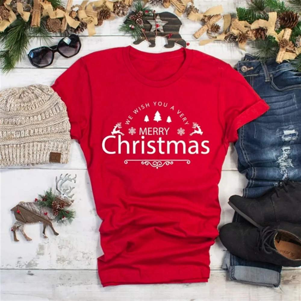 

Мы желаем вам счастливого Рождества, футболка, Забавный слоган, женская мода, праздничные вечерние, подарочные рубашки, эстетические красные футболки, топы-K862