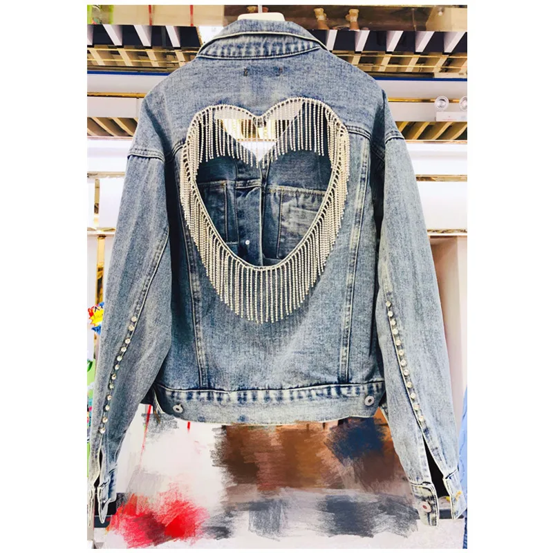 

Женская джинсовая куртка, светло-голубая однобортная куртка с бахромой и бриллиантами, джинсовая куртка с открытой спиной для осени, Y725