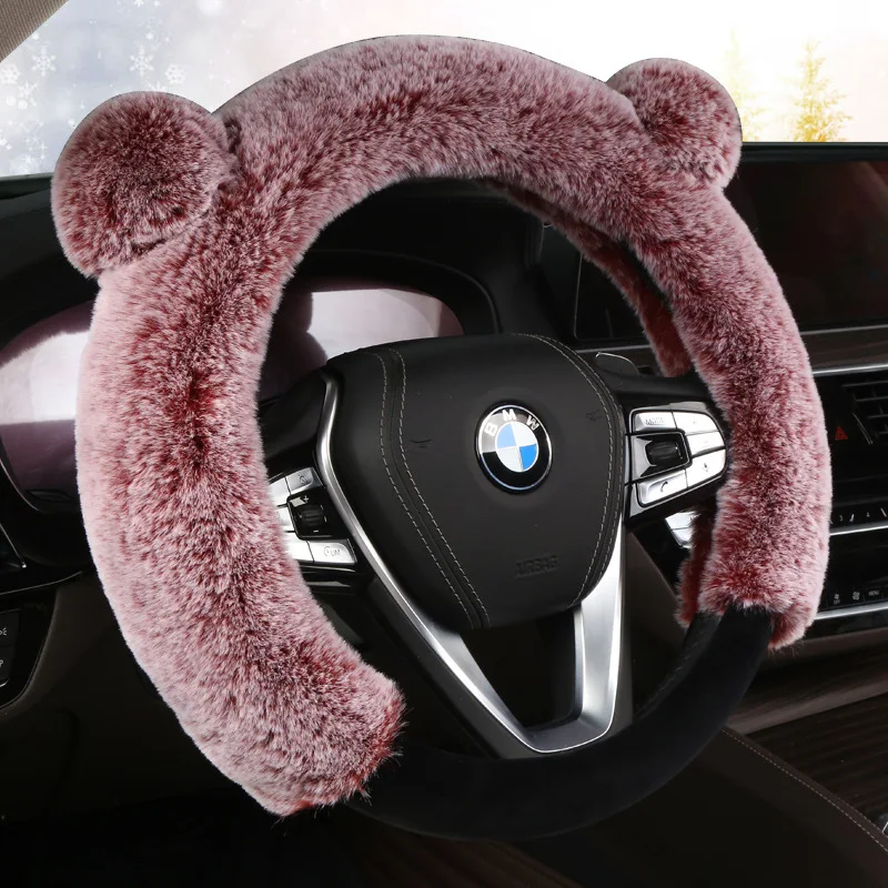 

cute Bear Ear Winter Warm Plush fuzzy Car Steering Wheel Cover for girls women fluffy stylish car accessories