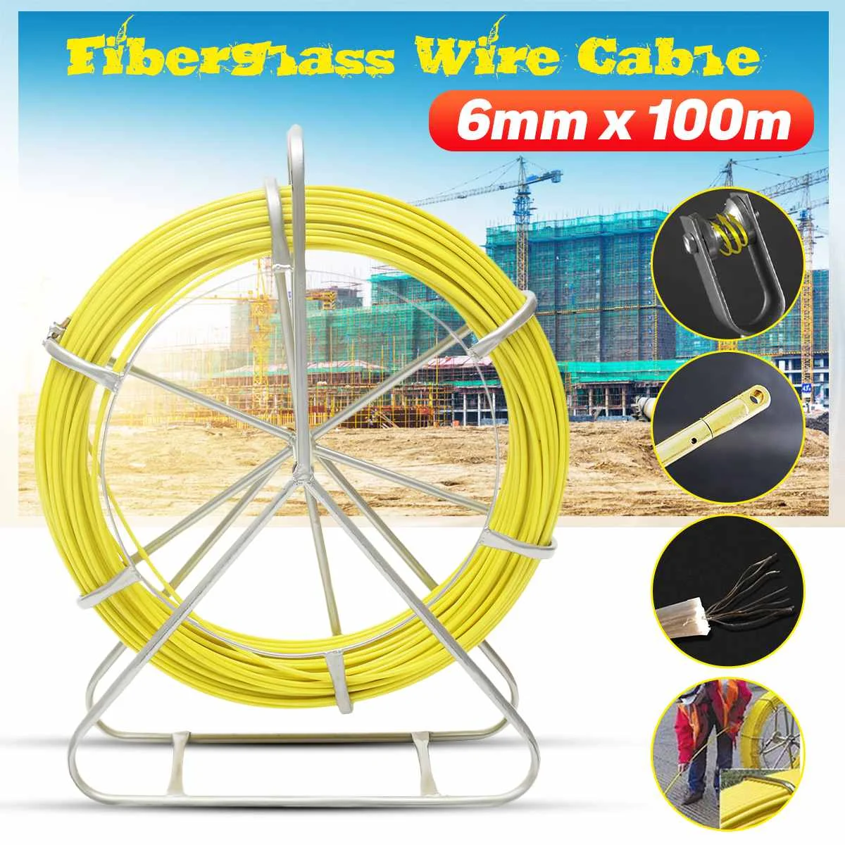 

100M Cable Puller Fish Tape Fiberglass Electric Cable Guide Wire Rope Flywheel Puller Metal Wall Wire Conduit 6mm Diameter 4.6T
