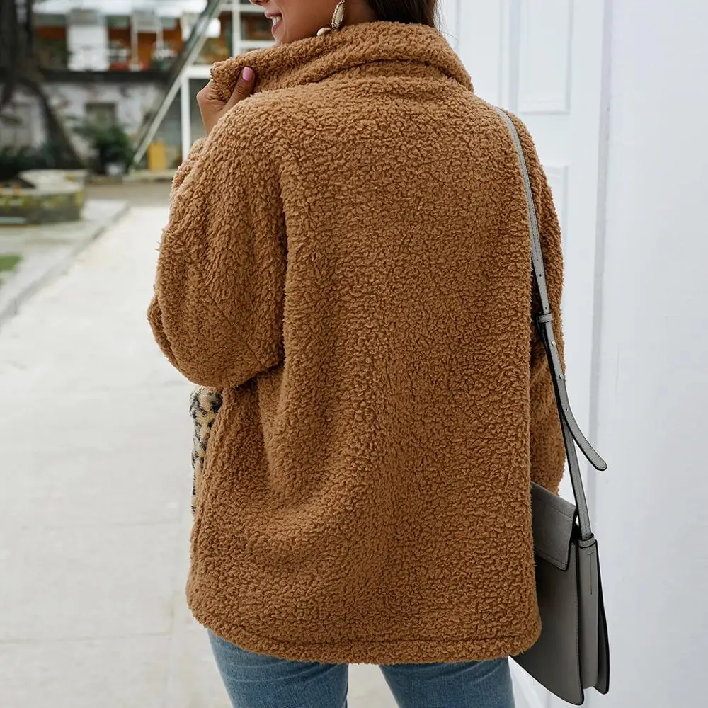 

Women Autumn Winter Zipper Faux Fur Teddy Coat Warm Soft Plush Fur Jacket Leopard Fashion Female Plush Overcoat Pocket Outwear