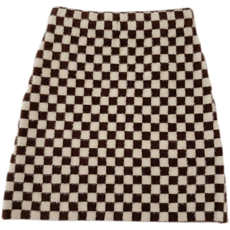 

Зимняя новая стильная корейская мода ретро темпераментная Шахматная сумка на бедрах с высокой талией трапециевидная короткая шерстяная юб...