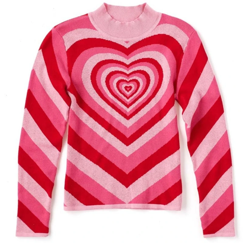 

Women Long Sleeve Turtleneck Sweater Harajuku Sweet Heart Striped Knitwear Top