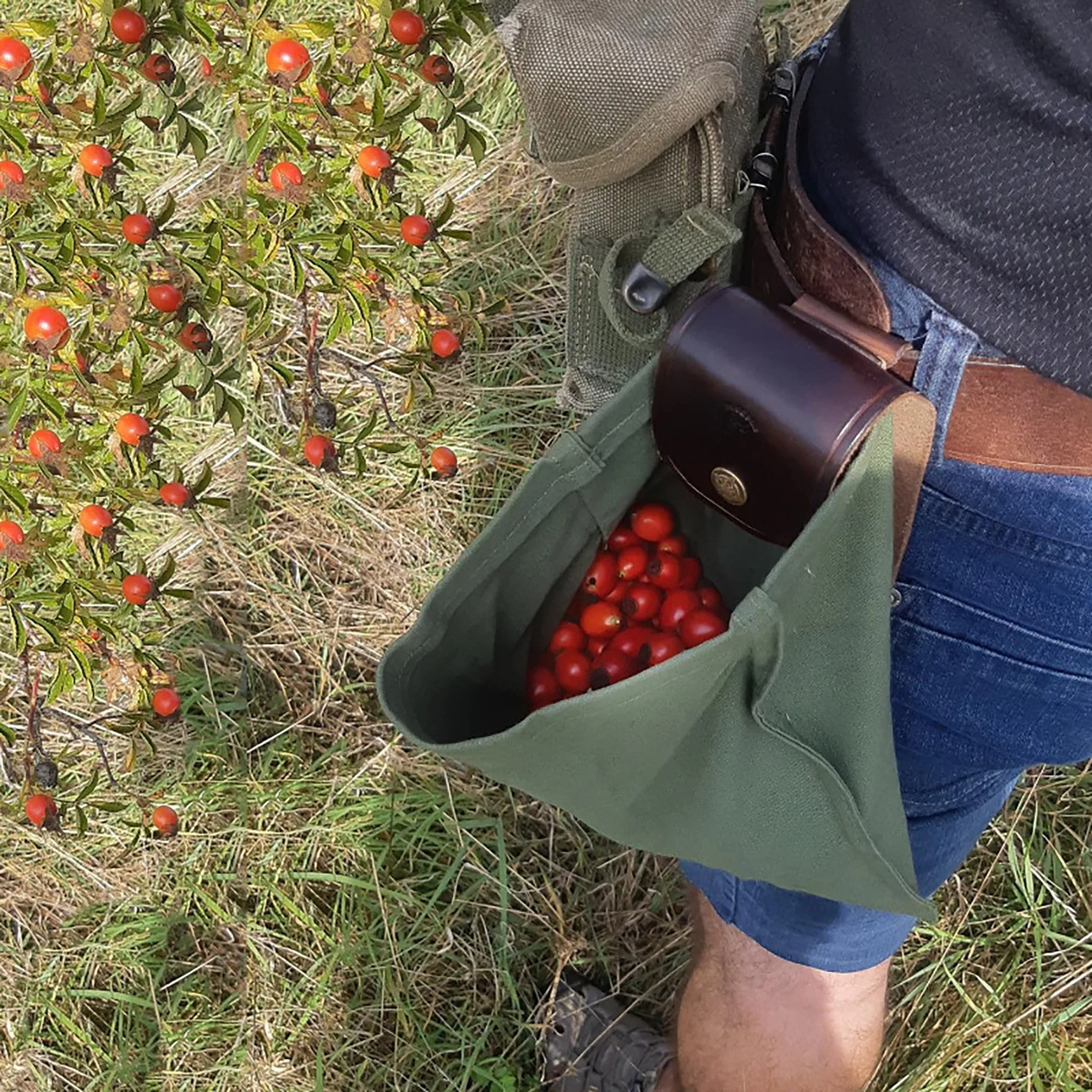 Farm Picking Bag Pu Leather Canvas Waist Tool Jungle Storage Foraging Fruit Pouch for Camping Hiking | Дом и сад