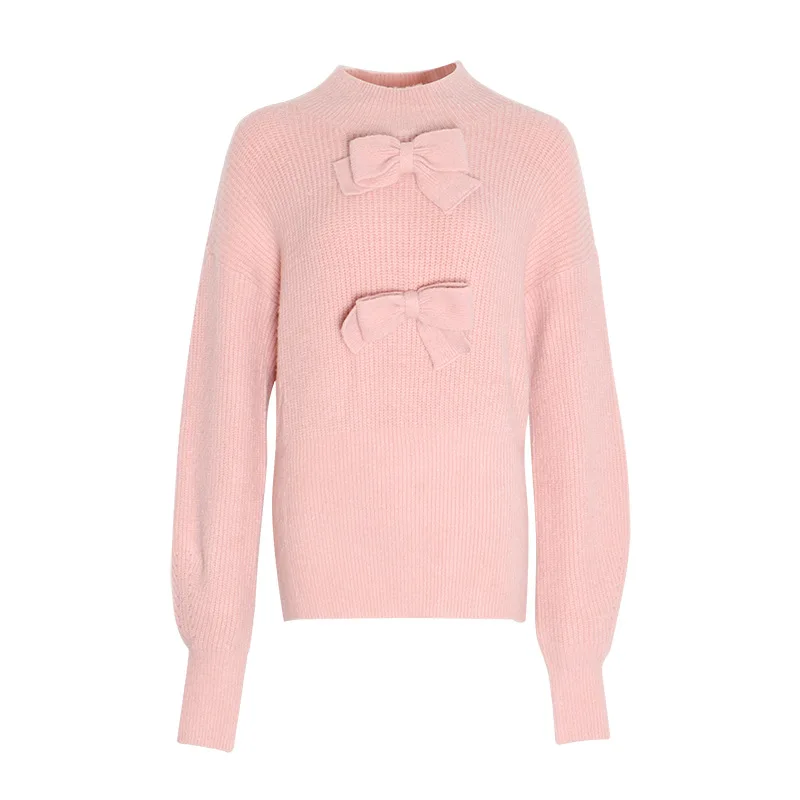 

New sweet temperament collar Joker waist slim slim three-dimensional bow knitted sweater women