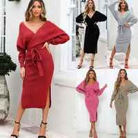 spring autumn office bodycon kniting dress batwing sleeve casual winter dress slimming elastic v neck solid split sexy shirt