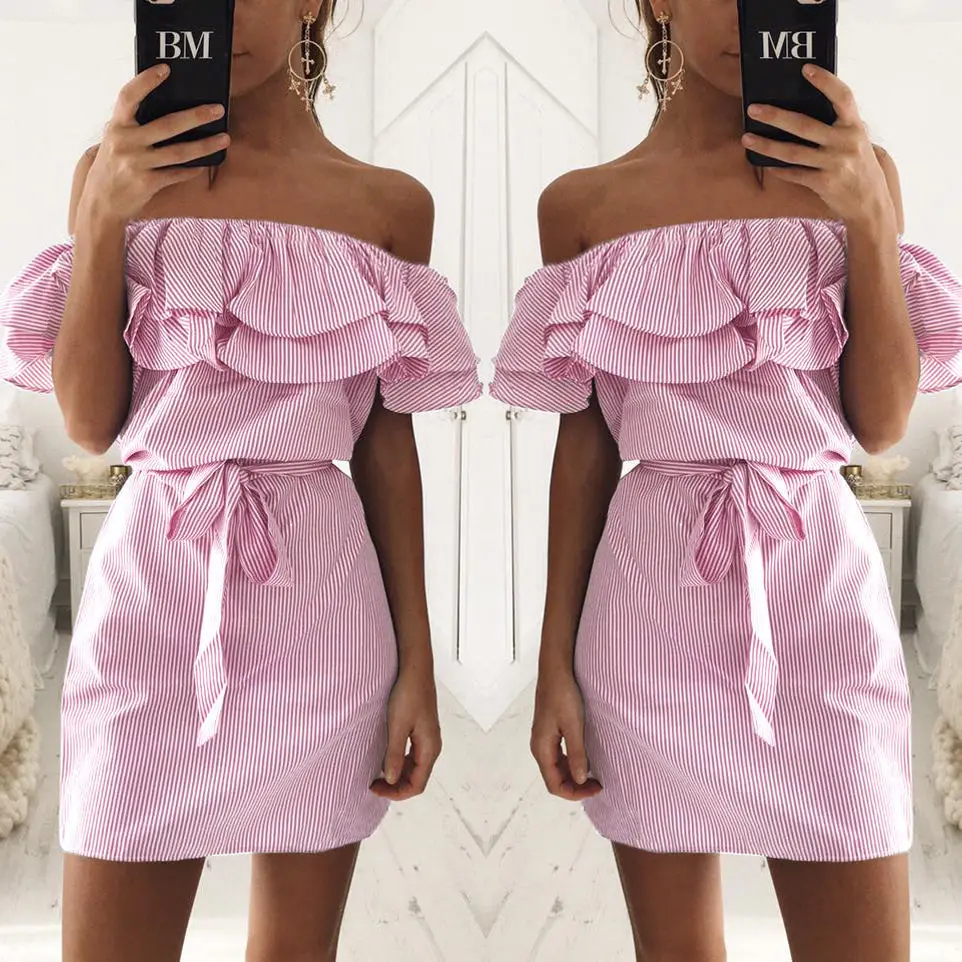 

Off Shoulder Strapless Striped Dress Ruffles Women Dress New Summer Sundresses Beach Dress Casual Short Mini Dresses Femme Blue