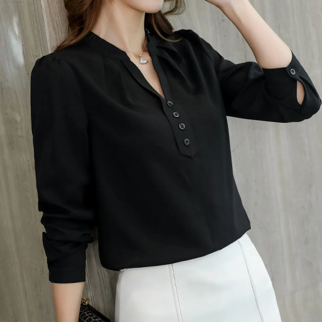 Осень 2019 Женская белая рубашка рубашки с длинным рукавом однотонная шифоновая