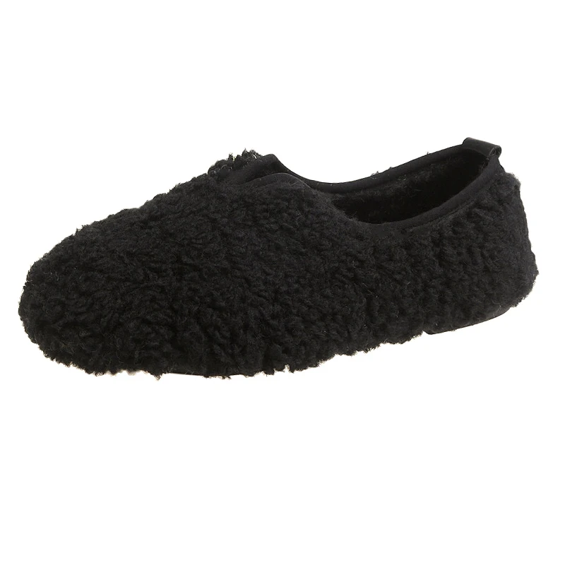 Женские зимние шлепанцы с мехом ягненка; chaussures femme Pantuflas; меховые шерстяные туфли для улицы; женская обувь; женские мокасины; Тапочки - Цвет: Черный