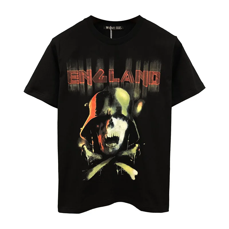 

Europe Fashion Street Black T-Shirt Men Skull Print Short Sleeve Tees Lovers O-Neck Clothing Tops Loose Casual Summer 45-100kg