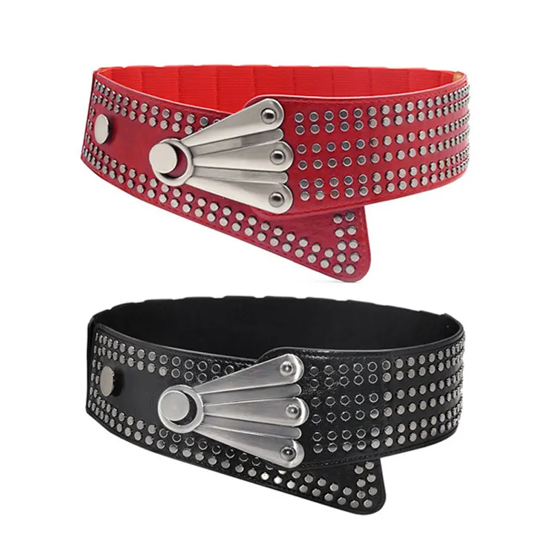 

Fashion Punk Rocker Wide Belts for Women Elastic Rivet Cross Cinch Belt Street Cummerbund Suitable For Dress Coat Wide Waistband