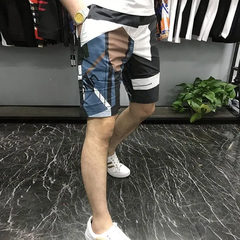 

2021 summer new men's shorts trend Capris fashion printing pants sports slim quick drying men's pants